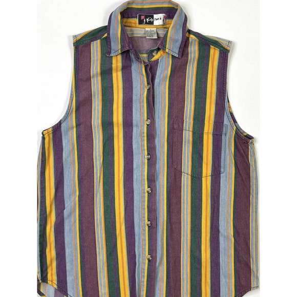 Vintage Kikomo Sleeveless Shirt Women's Large Button Up Striped Purple Orange - Picture 7 of 8